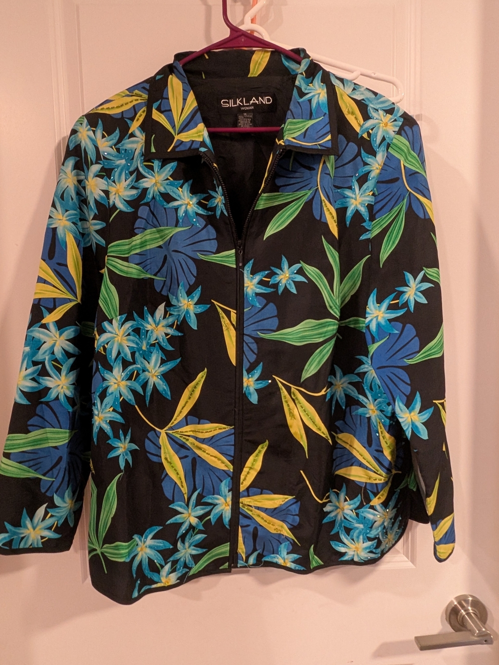 SilkLand Black Bomber Jacket with Blue, Green & Yellow Floral Print